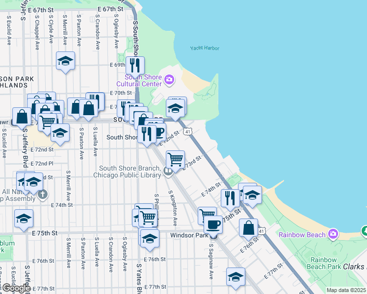 map of restaurants, bars, coffee shops, grocery stores, and more near 7233 South Coles Avenue in Chicago