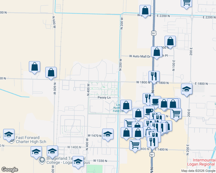 map of restaurants, bars, coffee shops, grocery stores, and more near 46 Kensington Place in Logan