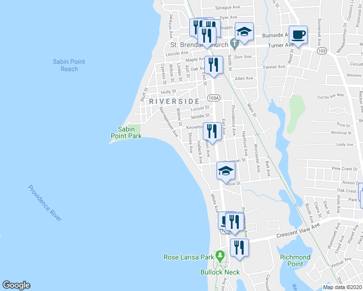 map of restaurants, bars, coffee shops, grocery stores, and more near 176 Narragansett Avenue in East Providence