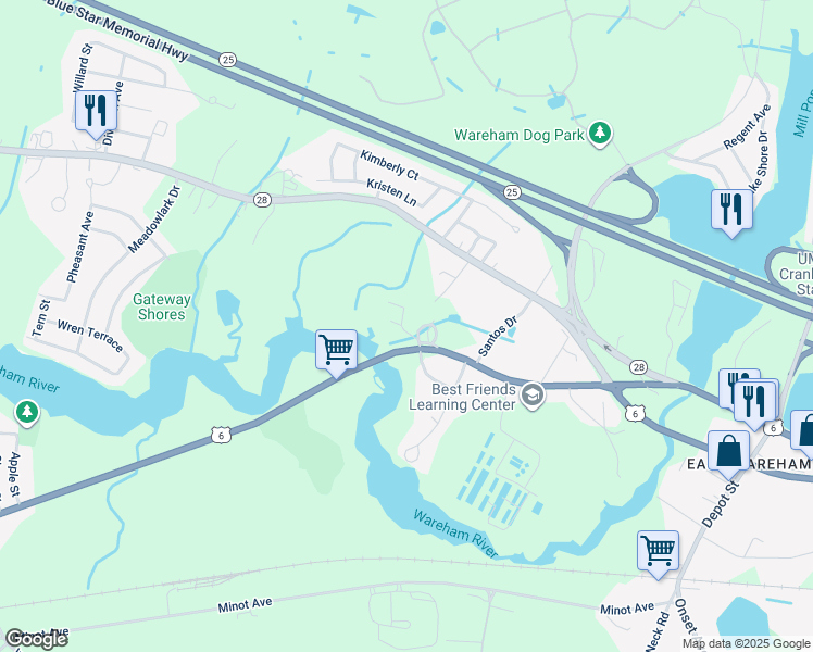 map of restaurants, bars, coffee shops, grocery stores, and more near 5 Sandy Road in Wareham