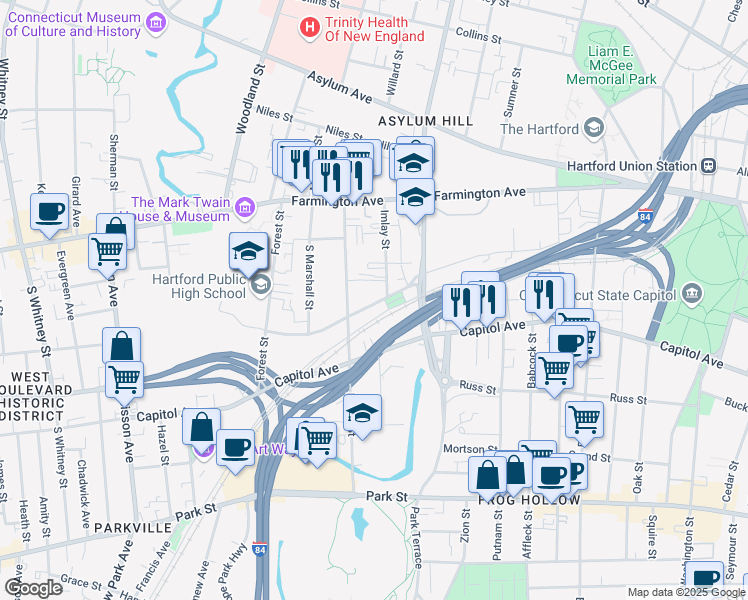 map of restaurants, bars, coffee shops, grocery stores, and more near 50 Hawthorn Street in Hartford