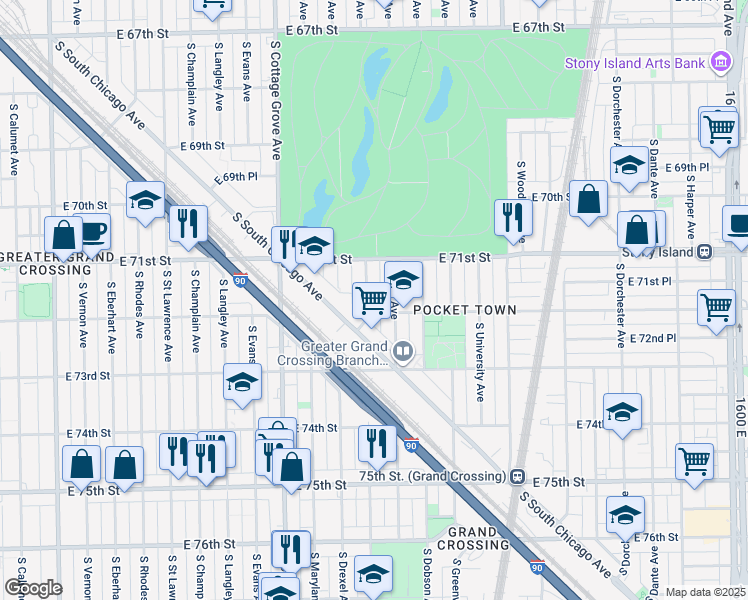 map of restaurants, bars, coffee shops, grocery stores, and more near 7147 South Ingleside Avenue in Chicago