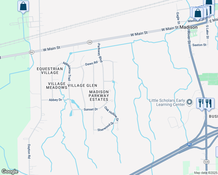 map of restaurants, bars, coffee shops, grocery stores, and more near 640 Park Oval in Madison