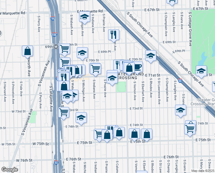 map of restaurants, bars, coffee shops, grocery stores, and more near 7139 South Prairie Avenue in Chicago