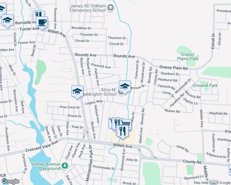 map of restaurants, bars, coffee shops, grocery stores, and more near 4 Breeze Way in East Providence
