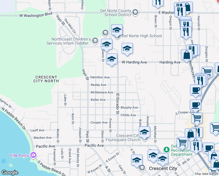 map of restaurants, bars, coffee shops, grocery stores, and more near 877 Fresno Street in Crescent City