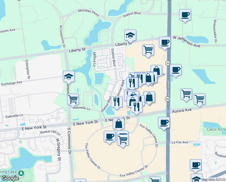 map of restaurants, bars, coffee shops, grocery stores, and more near 669 Station Boulevard in Aurora