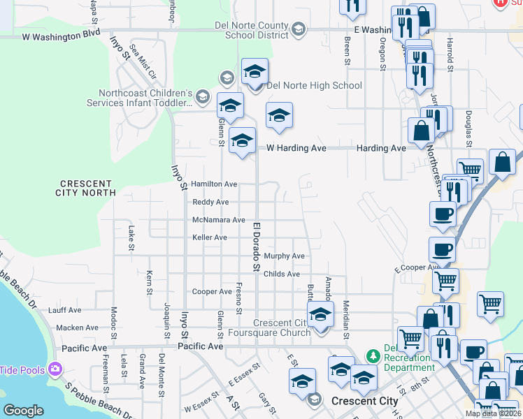 map of restaurants, bars, coffee shops, grocery stores, and more near 864 El Dorado Street in Crescent City