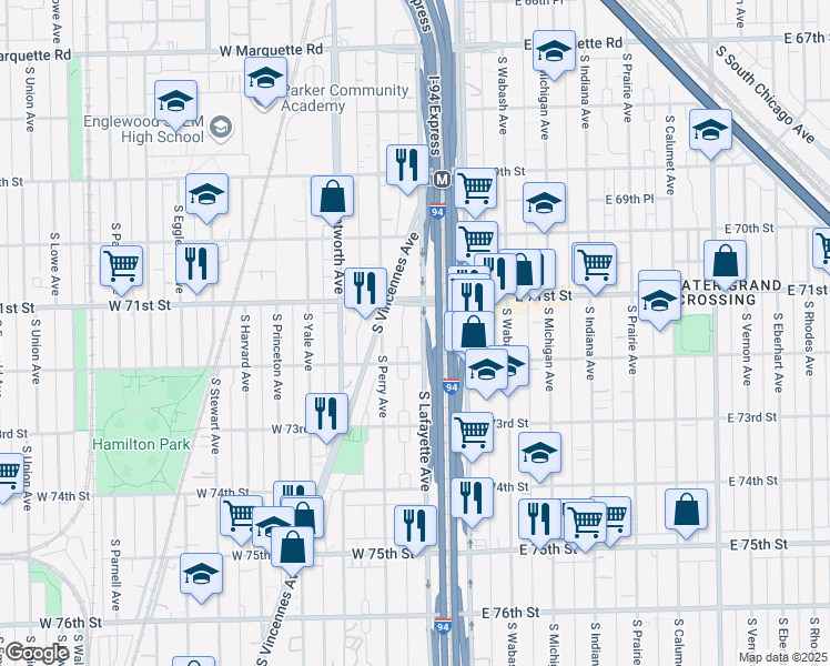 map of restaurants, bars, coffee shops, grocery stores, and more near 7130 South Lafayette Avenue in Chicago