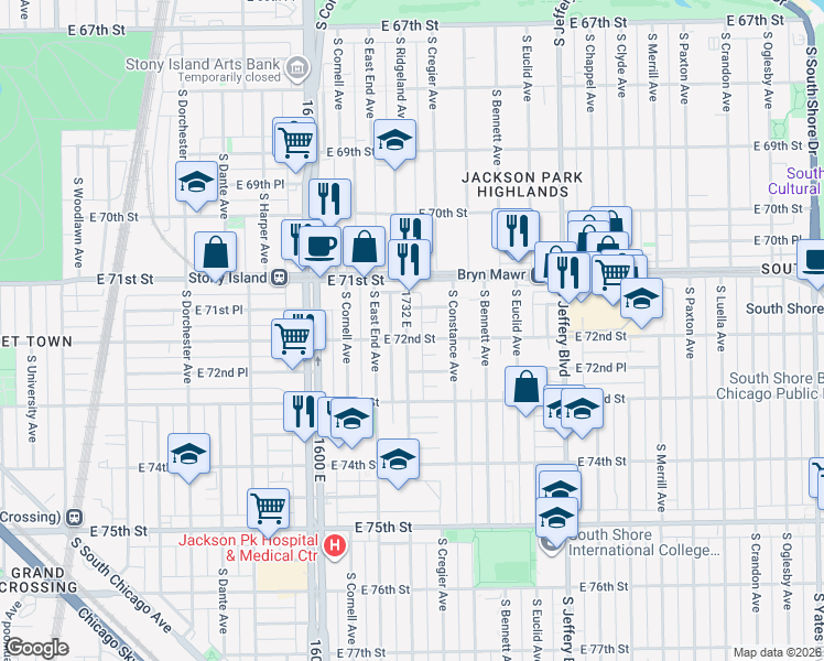map of restaurants, bars, coffee shops, grocery stores, and more near 1734 East 72nd Street in Chicago