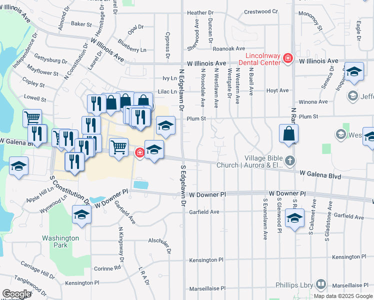 map of restaurants, bars, coffee shops, grocery stores, and more near 11 North Edgelawn Drive in Aurora