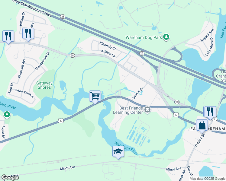 map of restaurants, bars, coffee shops, grocery stores, and more near 5 Sandy Road in Wareham