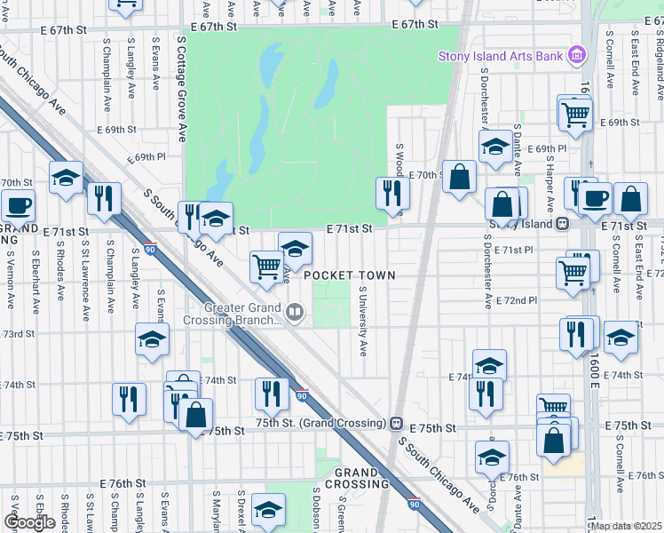 map of restaurants, bars, coffee shops, grocery stores, and more near 7146 South Greenwood Avenue in Chicago