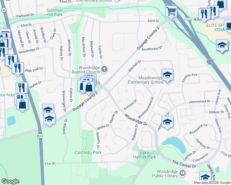 map of restaurants, bars, coffee shops, grocery stores, and more near 6707 King Court in Woodridge