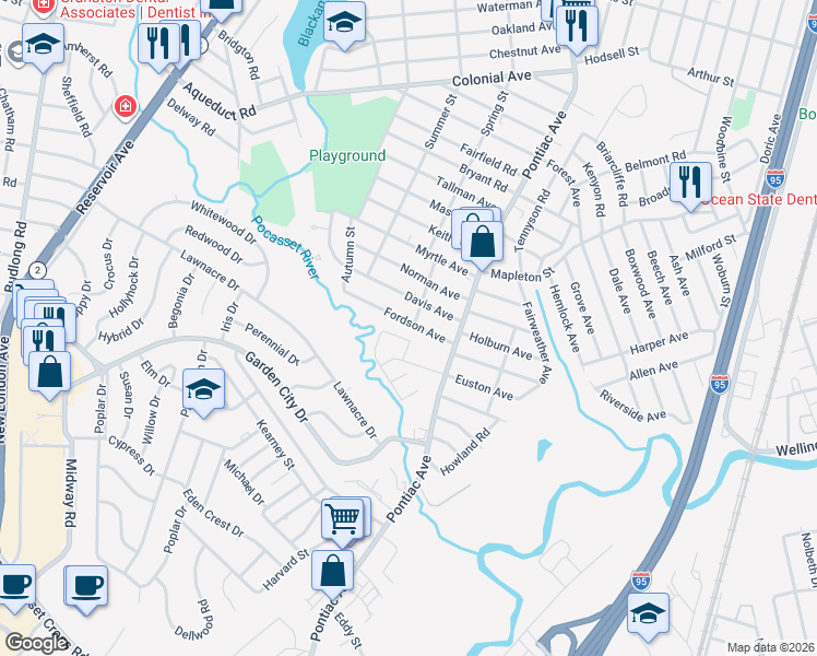 map of restaurants, bars, coffee shops, grocery stores, and more near 54 Fordson Avenue in Cranston