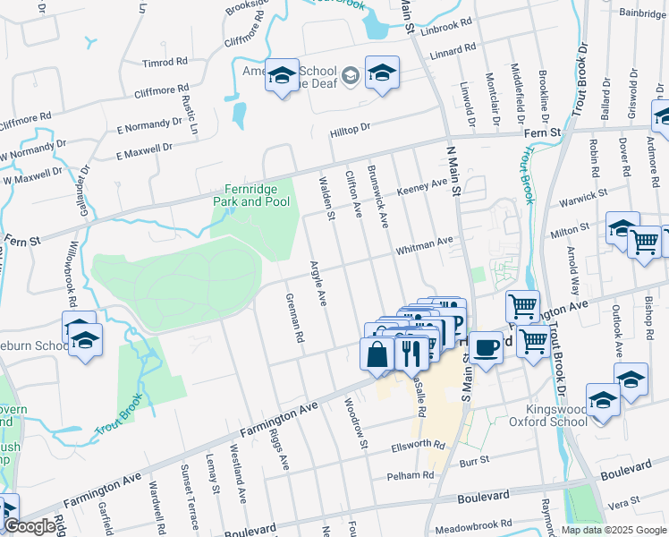 map of restaurants, bars, coffee shops, grocery stores, and more near 134 Whitman Avenue in West Hartford