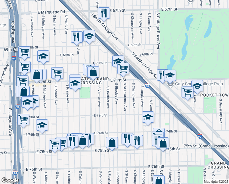 map of restaurants, bars, coffee shops, grocery stores, and more near 7140 South Rhodes Avenue in Chicago
