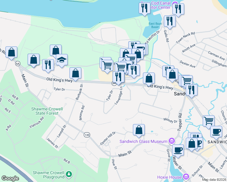 map of restaurants, bars, coffee shops, grocery stores, and more near 46 Tyler Drive in Sandwich