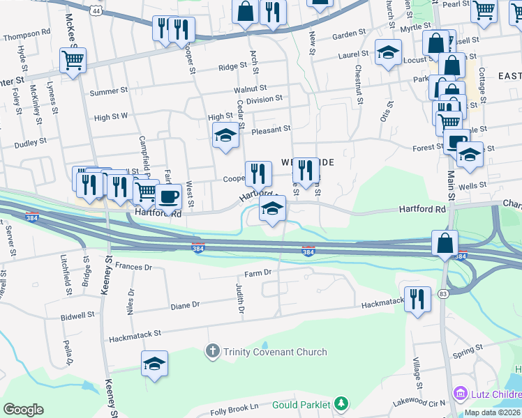 map of restaurants, bars, coffee shops, grocery stores, and more near 20 Prospect Street in Manchester