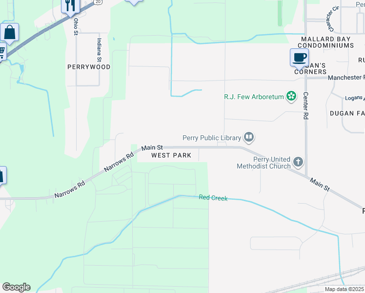 map of restaurants, bars, coffee shops, grocery stores, and more near 3599 Narrows Road in Perry