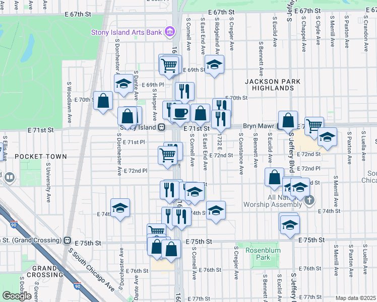 map of restaurants, bars, coffee shops, grocery stores, and more near 7152 South Cornell Avenue in Chicago
