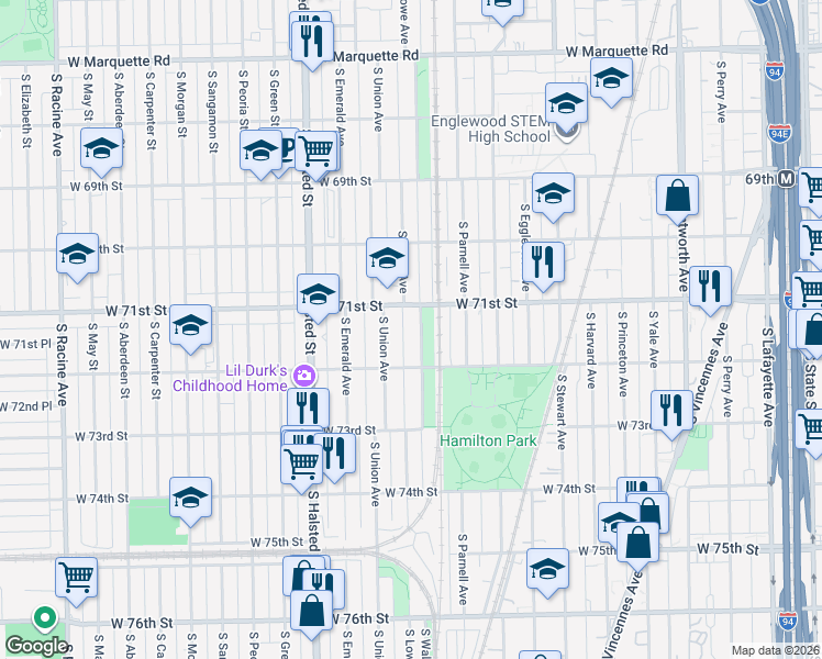 map of restaurants, bars, coffee shops, grocery stores, and more near 7124 South Lowe Avenue in Chicago