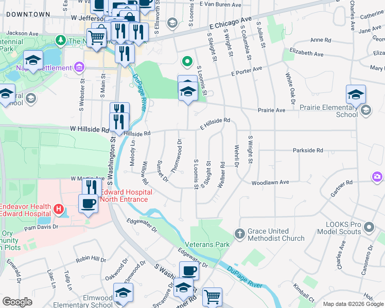 map of restaurants, bars, coffee shops, grocery stores, and more near 638 Thornwood Drive in Naperville