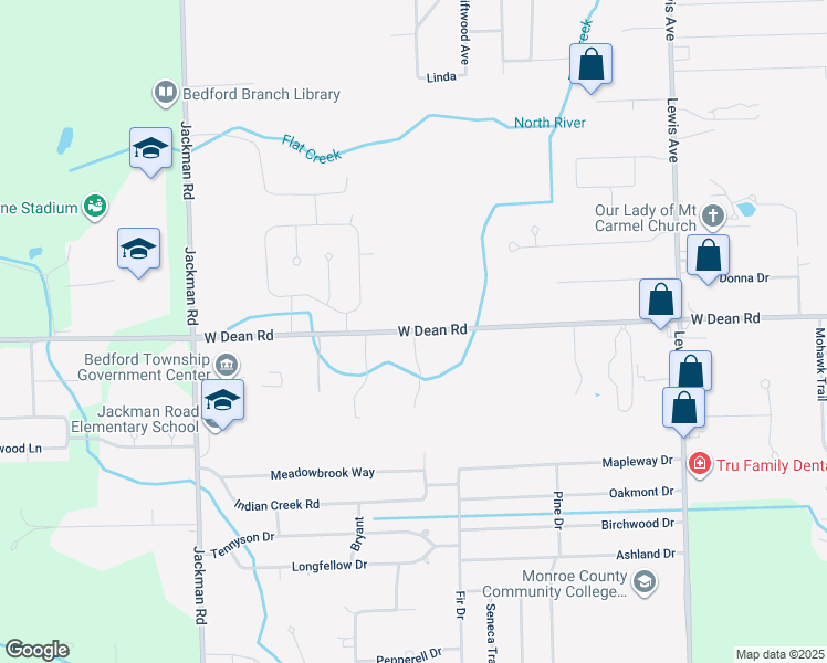 map of restaurants, bars, coffee shops, grocery stores, and more near 1305 West Dean Road in Temperance