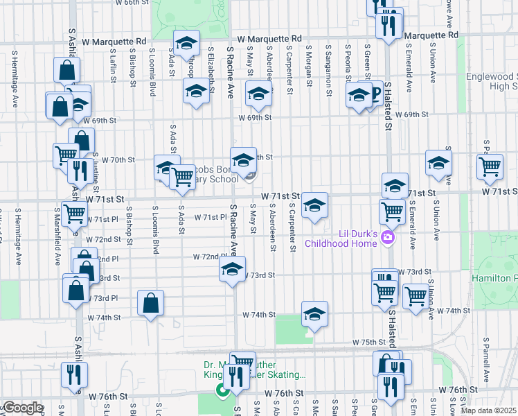 map of restaurants, bars, coffee shops, grocery stores, and more near 7115 South May Street in Chicago