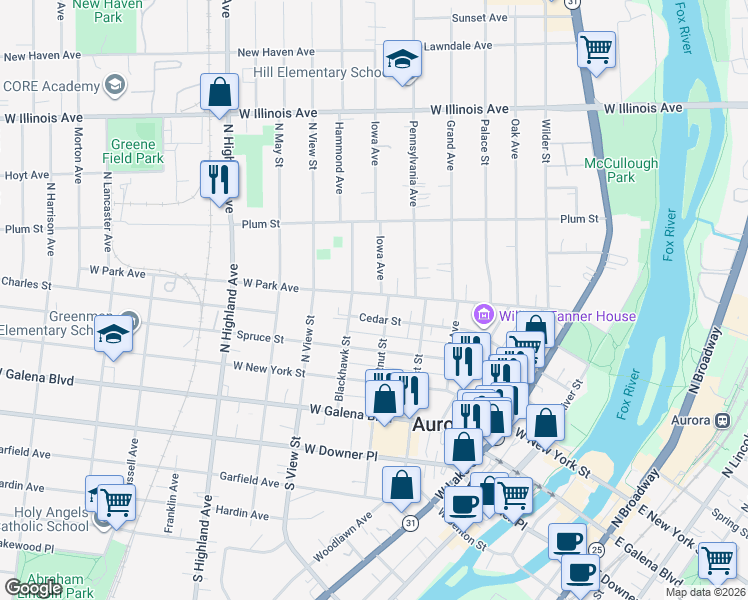 map of restaurants, bars, coffee shops, grocery stores, and more near 410 West Park Avenue in Aurora
