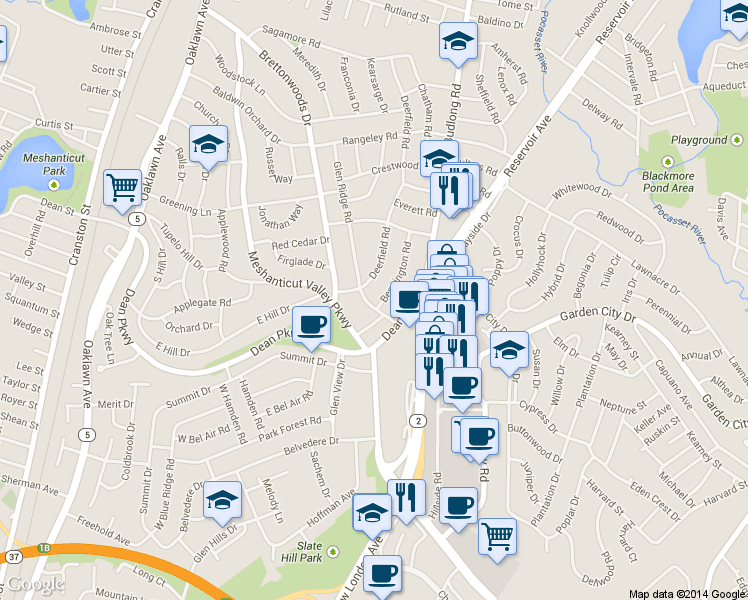 map of restaurants, bars, coffee shops, grocery stores, and more near 29 Glen Ridge Rd in Cranston