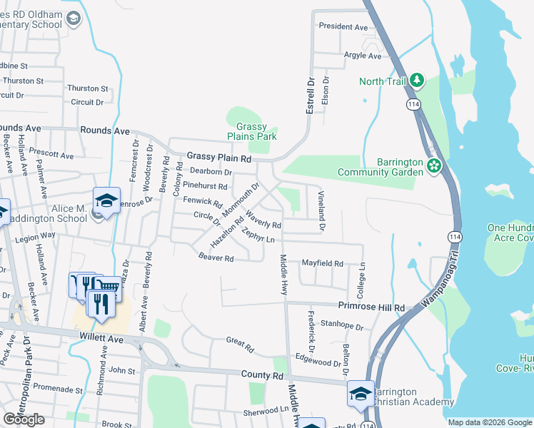 map of restaurants, bars, coffee shops, grocery stores, and more near 6 Hickory Ln in Barrington
