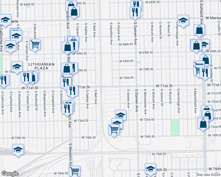 map of restaurants, bars, coffee shops, grocery stores, and more near 2133 West 71st Street in Chicago