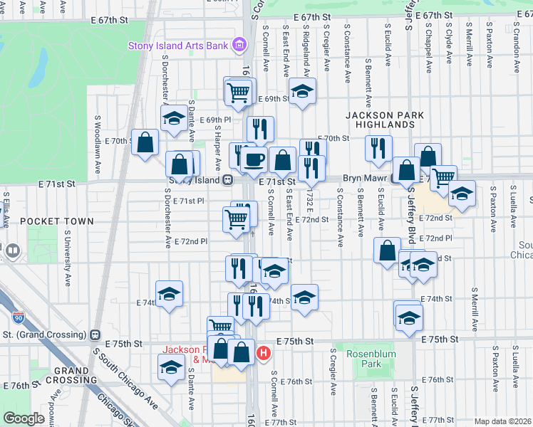 map of restaurants, bars, coffee shops, grocery stores, and more near 7152 South Cornell Avenue in Chicago