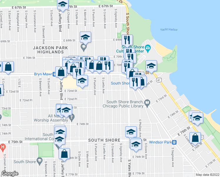 map of restaurants, bars, coffee shops, grocery stores, and more near 7157 South Crandon Avenue in Chicago