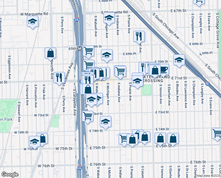 map of restaurants, bars, coffee shops, grocery stores, and more near 7135 South Michigan Avenue in Chicago