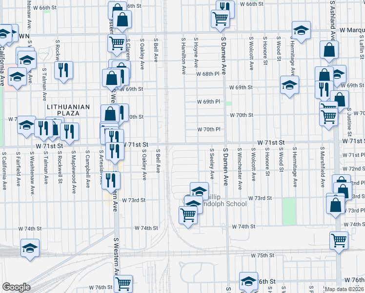 map of restaurants, bars, coffee shops, grocery stores, and more near 2133 West 71st Street in Chicago
