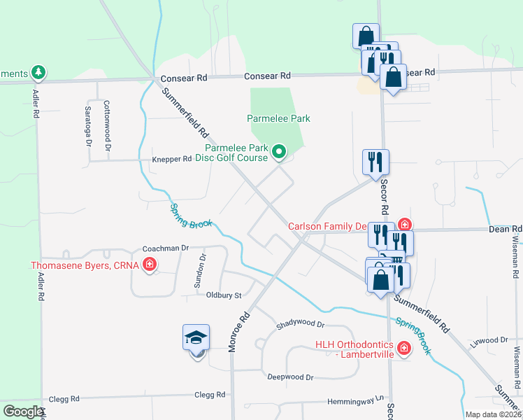 map of restaurants, bars, coffee shops, grocery stores, and more near 8241 Summerfield Road in Lambertville