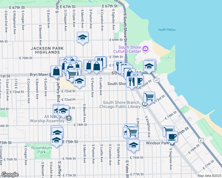 map of restaurants, bars, coffee shops, grocery stores, and more near 7157 South Crandon Avenue in Chicago