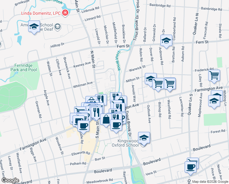 map of restaurants, bars, coffee shops, grocery stores, and more near 133 Loomis Drive in West Hartford