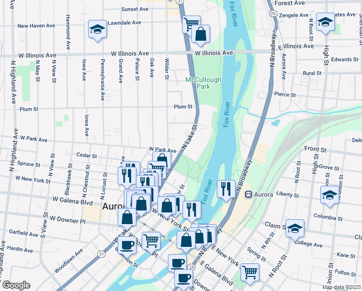 map of restaurants, bars, coffee shops, grocery stores, and more near 412 North Lake Street in Aurora