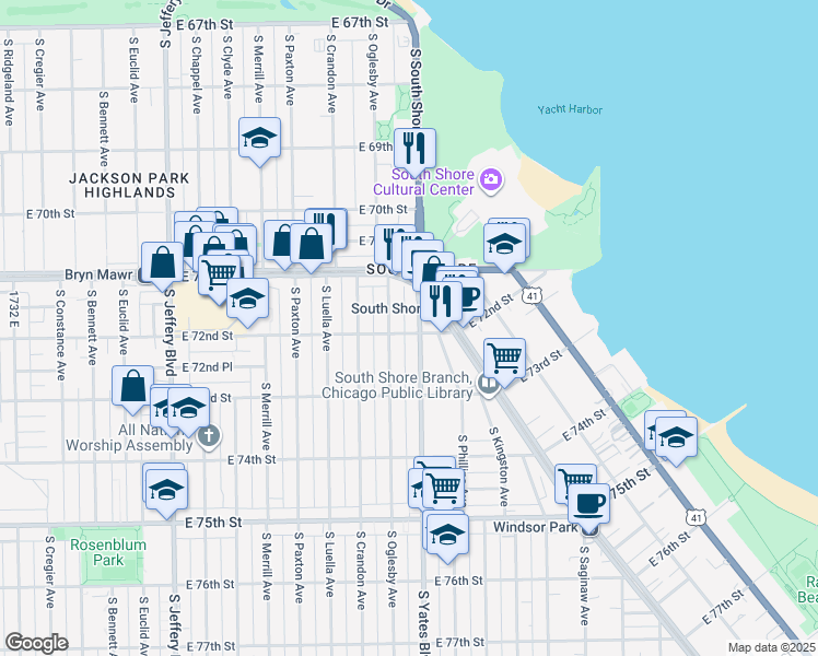 map of restaurants, bars, coffee shops, grocery stores, and more near 2354 East 72nd Street in Chicago