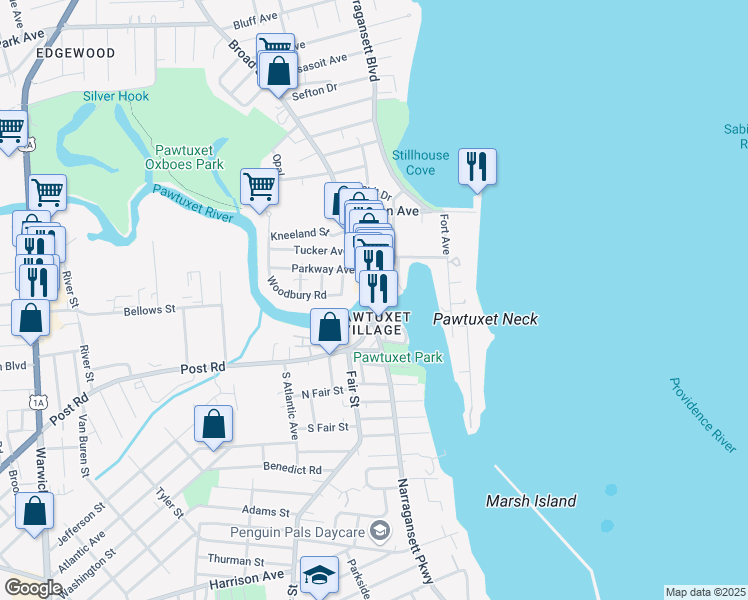 map of restaurants, bars, coffee shops, grocery stores, and more near in Warwick