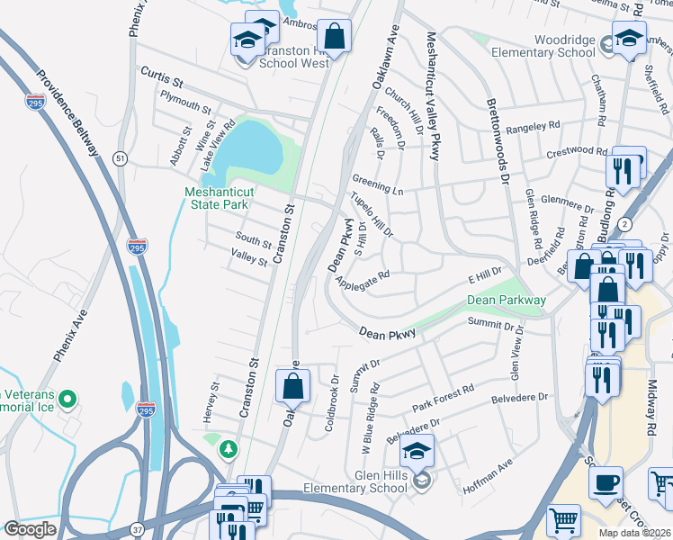map of restaurants, bars, coffee shops, grocery stores, and more near 2 Applegate Road in Cranston