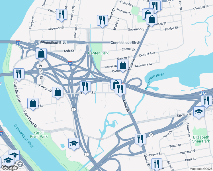 map of restaurants, bars, coffee shops, grocery stores, and more near 14 May Street in East Hartford