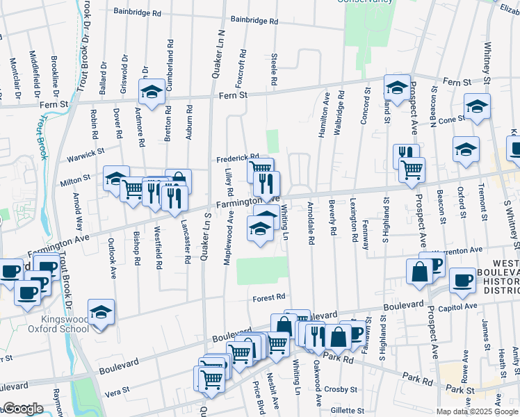 map of restaurants, bars, coffee shops, grocery stores, and more near 773 Farmington Avenue in West Hartford