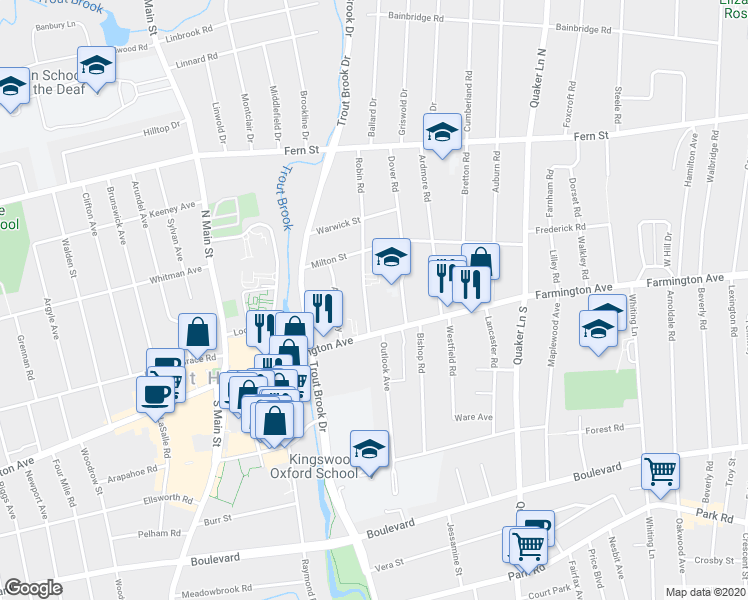 map of restaurants, bars, coffee shops, grocery stores, and more near 26 Robin Road in West Hartford