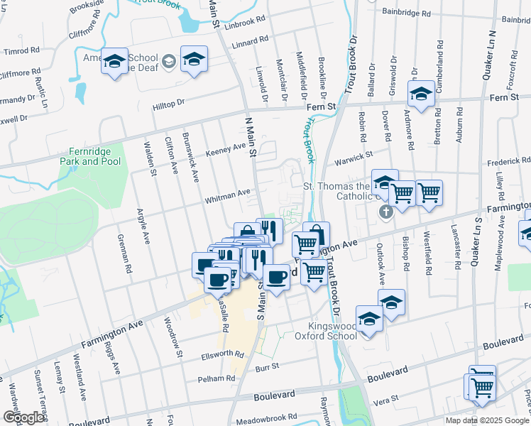 map of restaurants, bars, coffee shops, grocery stores, and more near 35 North Main Street in West Hartford