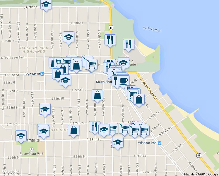 map of restaurants, bars, coffee shops, grocery stores, and more near 2354 East 72nd Street in Chicago