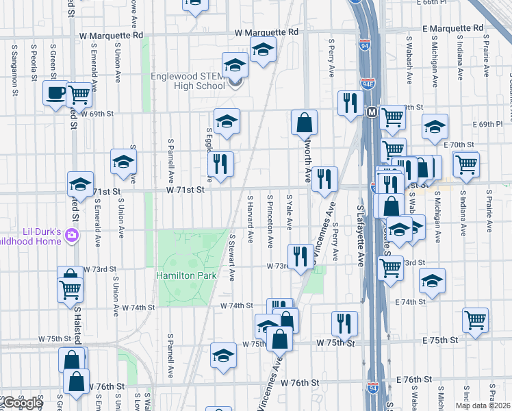 map of restaurants, bars, coffee shops, grocery stores, and more near 7129 South Harvard Avenue in Chicago